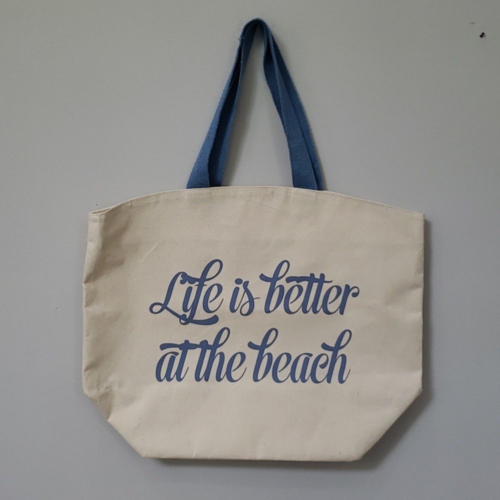 Tote Bag Canvas XL Life Is Better At The Beach Cream Blue Cotton